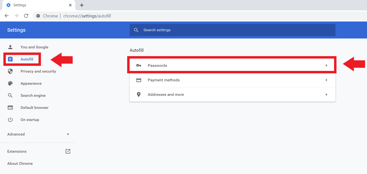 Google Chrome: Settings menu, “Autofill”, “Passwords”