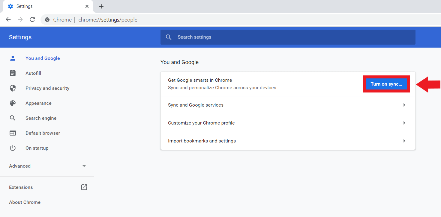 Google Chrome: “You and Google” menu, “Turn on sync…” option