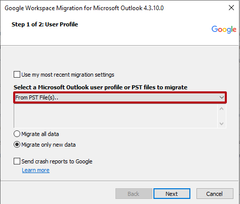 Google Workspace Migration for Microsoft Outlook: Select PST Folder