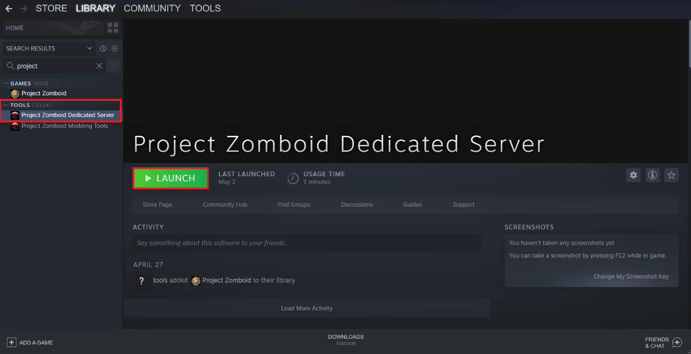 Home page of the Project Zomboid dedicated server application on Steam