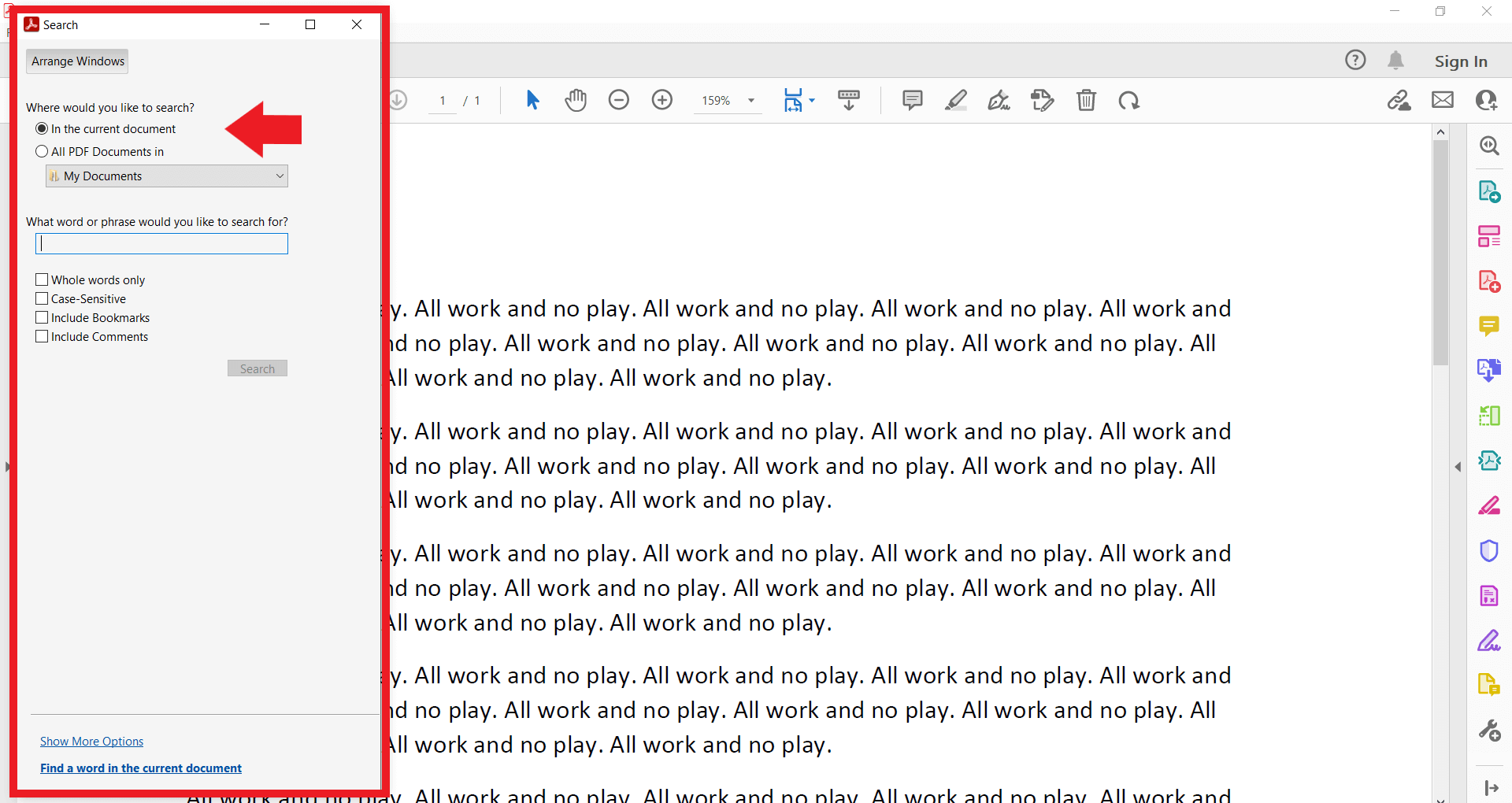 Window for “Advanced Search” in Adobe Acrobat Reader