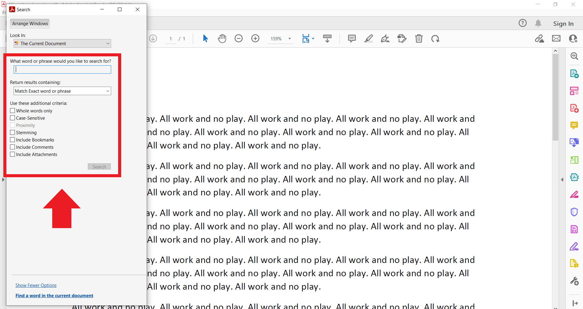 Advanced search in PDFs: “Show More Options”