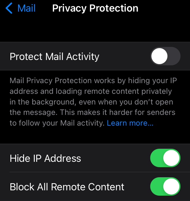 iPhone settings for the Mail Privacy Protection