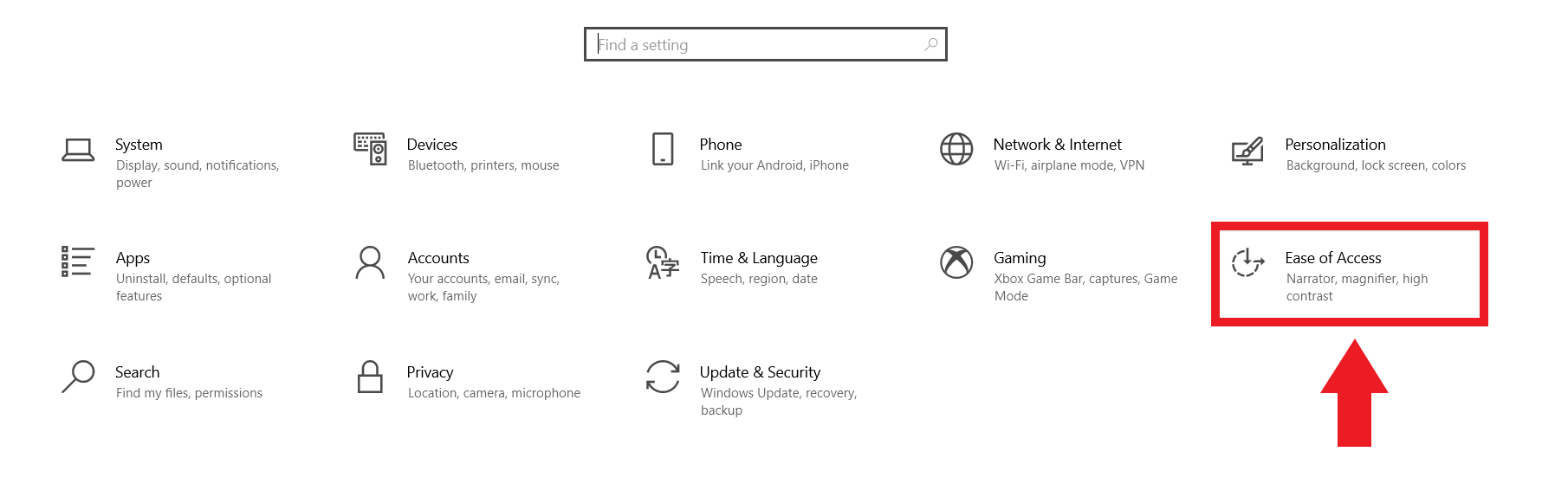In the Settings menu, click the “Ease of Access” field