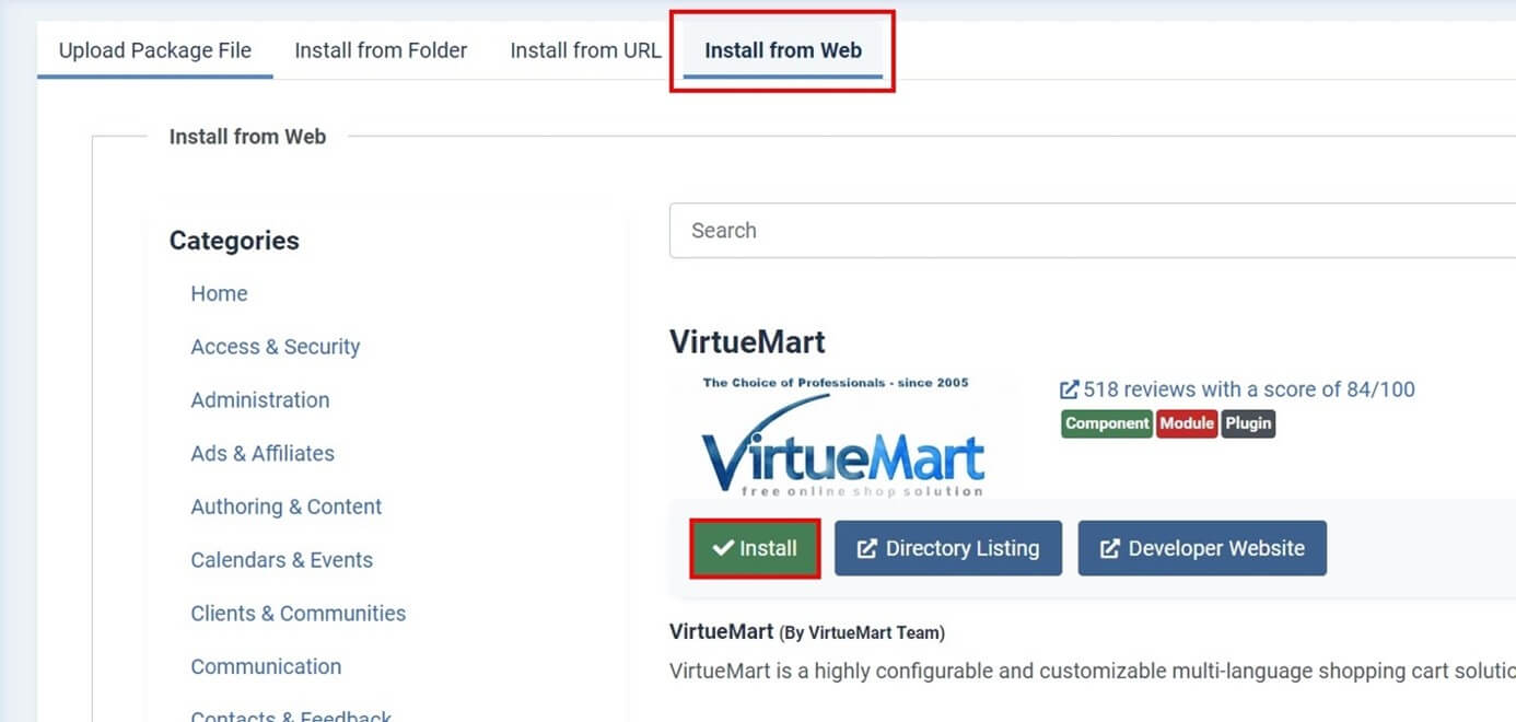 Install the Joomla web shop plugin “VirtueMart” from the web catalog
