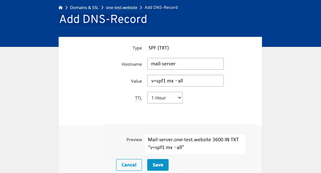 IONOS Cloud Panel: Add DNS record