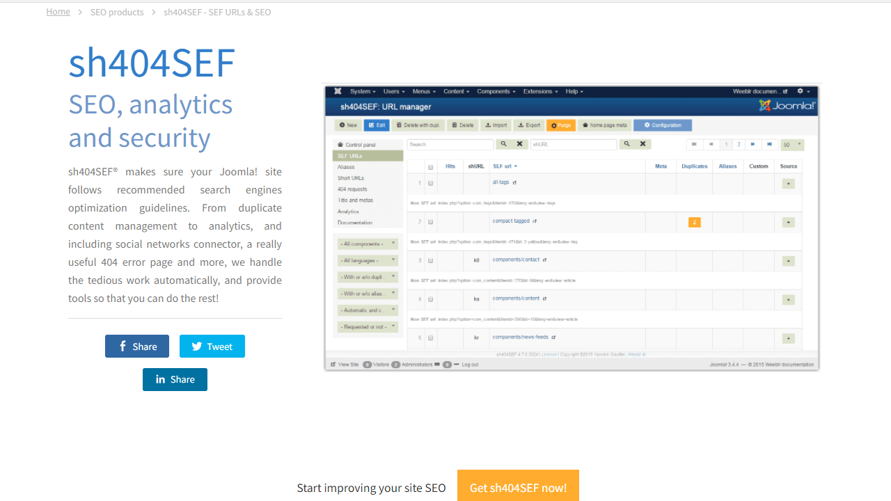 The features of sh404SEF on the provider’s website