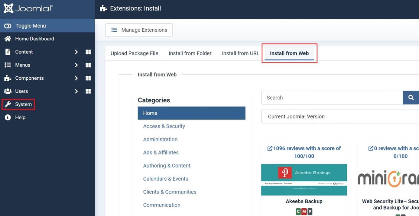 Joomla: Install extensions from Web