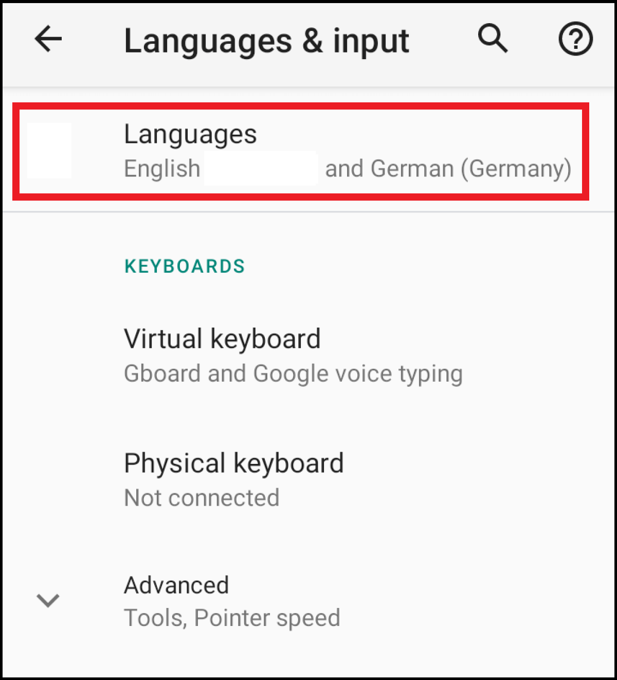 Language options available under the “Languages & input” tab