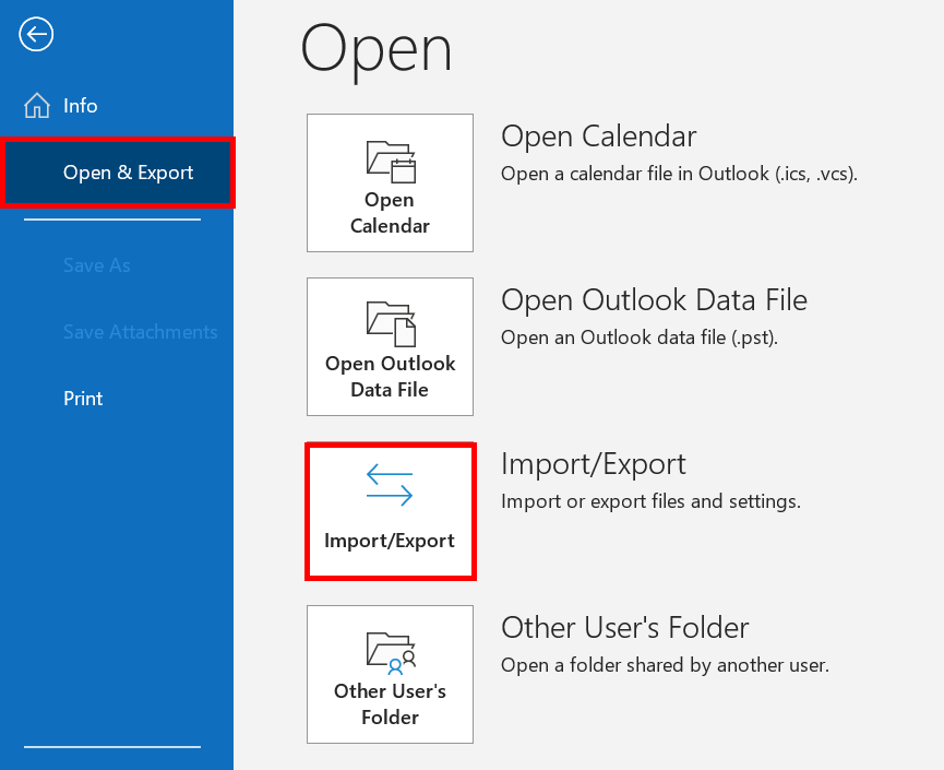 Launch Outlook Assistant for data import using “Import/Export”