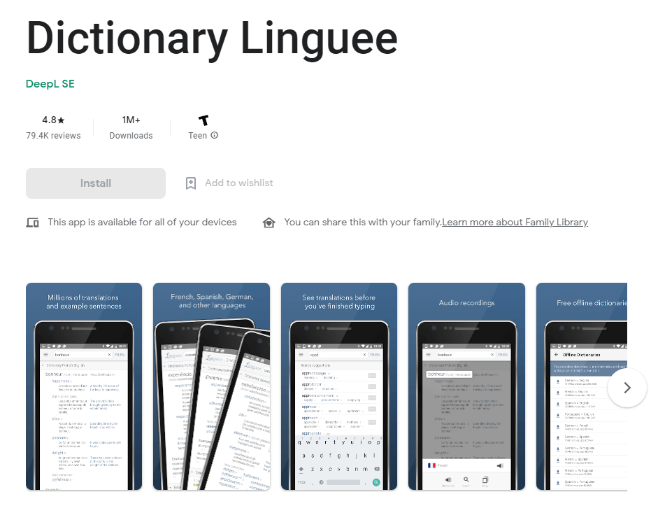 Linguee translate app in Google Play Store