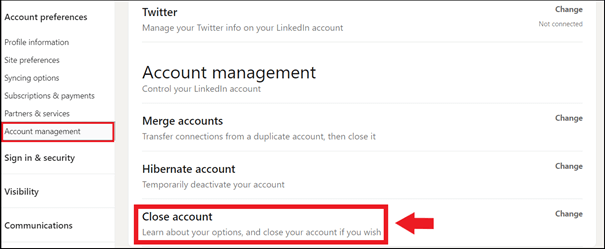 Go to the “Account management” area and select “Close account”