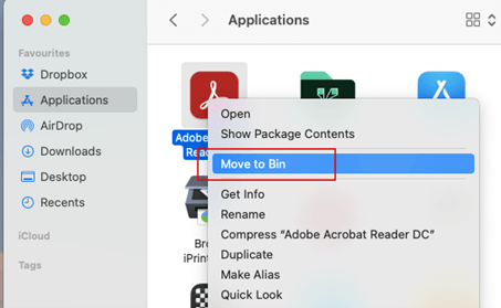 Application fold-out menu with “Move to Bin” selection.