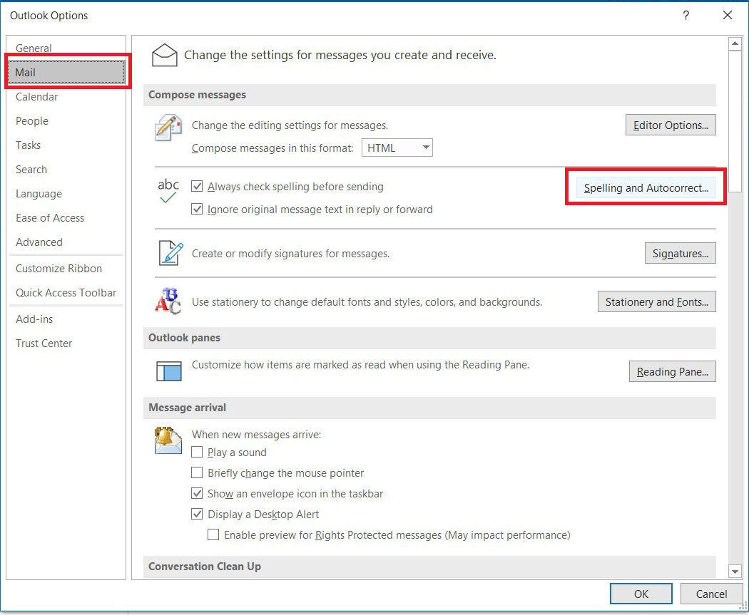Mail category in Outlook Options
