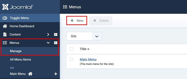 Manage menus in the Joomla backend
