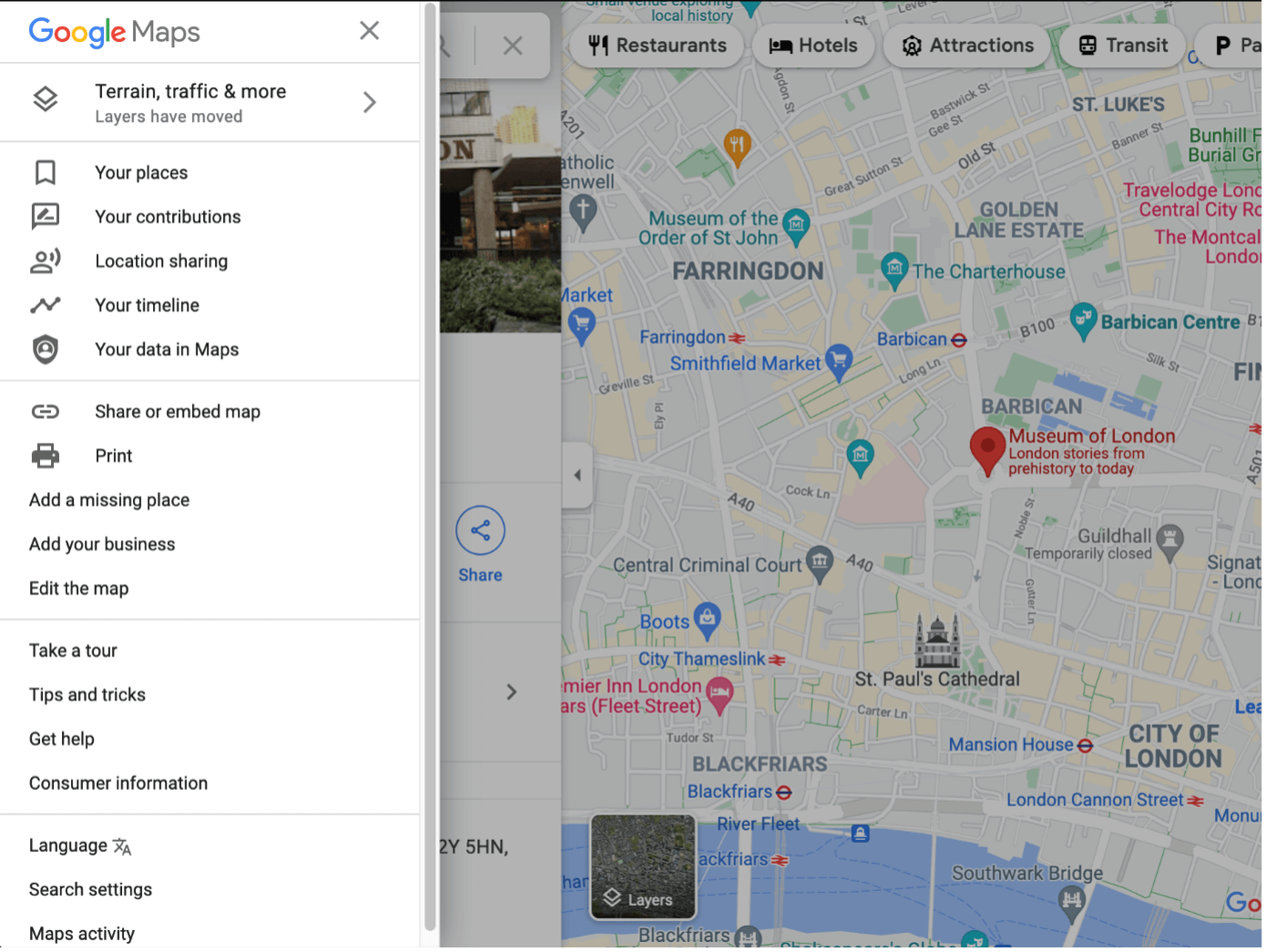 Screenshot of a map in Google Maps with open menu