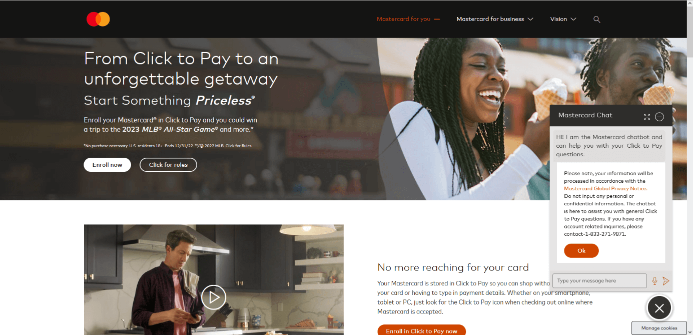 Screenshot of Mastercard Click to Pay homepage