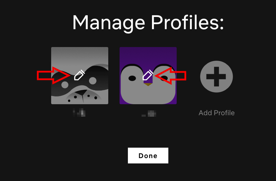 Netflix profiles in the browser version, with pencil icons for editing