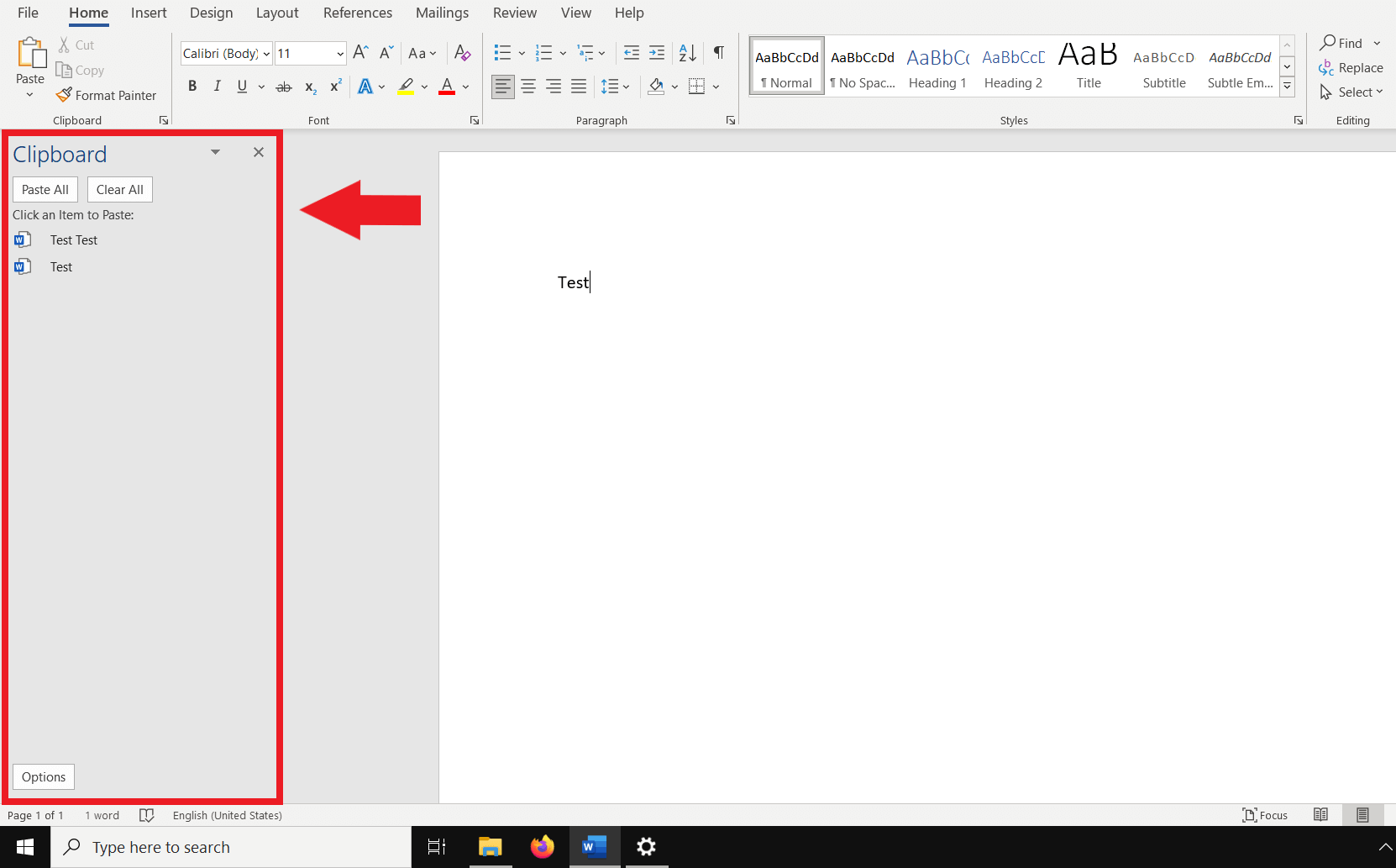 Open clipboard in Word to the left of the document area