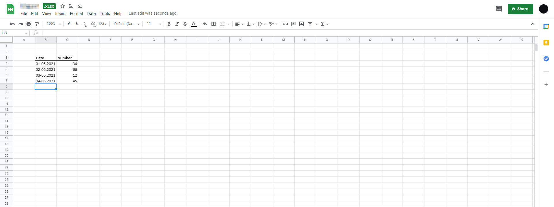 Opened Excel spreadsheet in Google Sheets