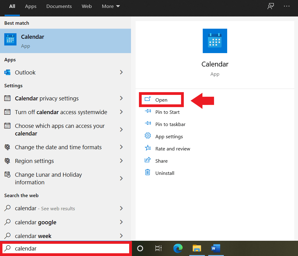 Opening the Windows Calendar app using the search bar