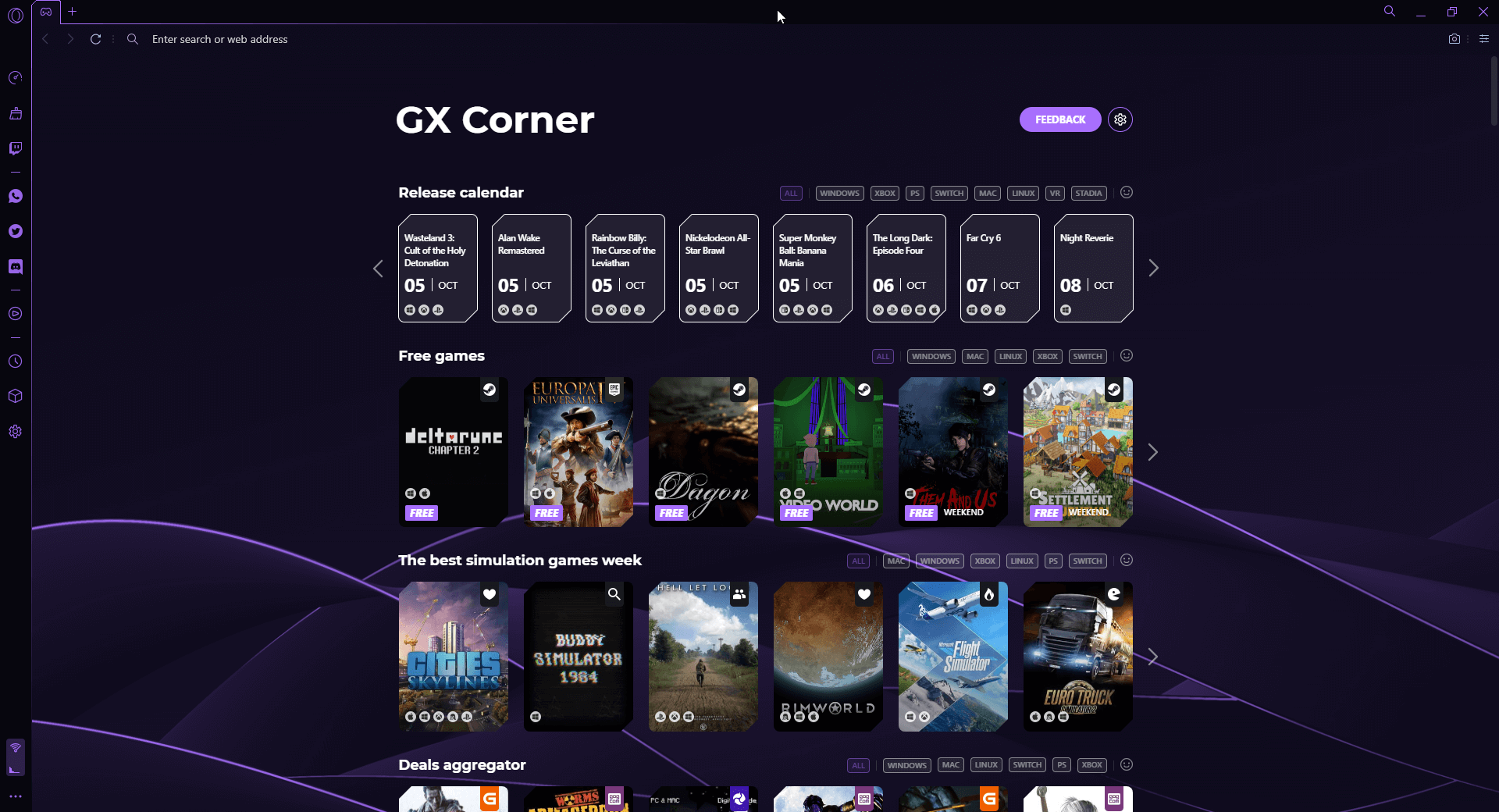 Opera GX: Overview page for gamers