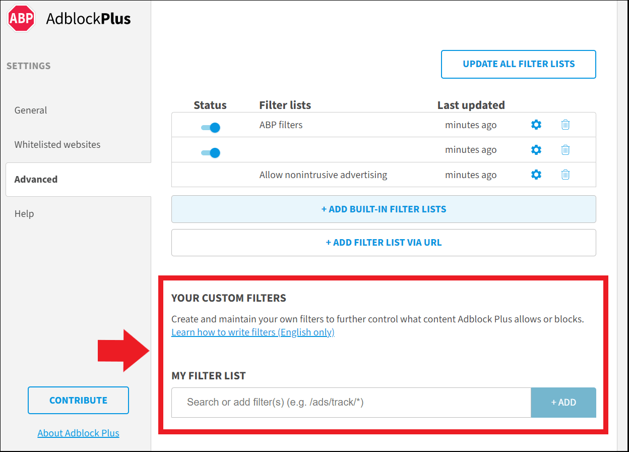 Option for exceptions in the Adblock Plus settings
