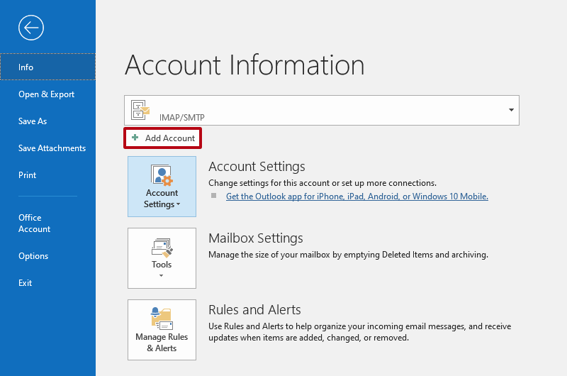 Outlook: Button “Add account”