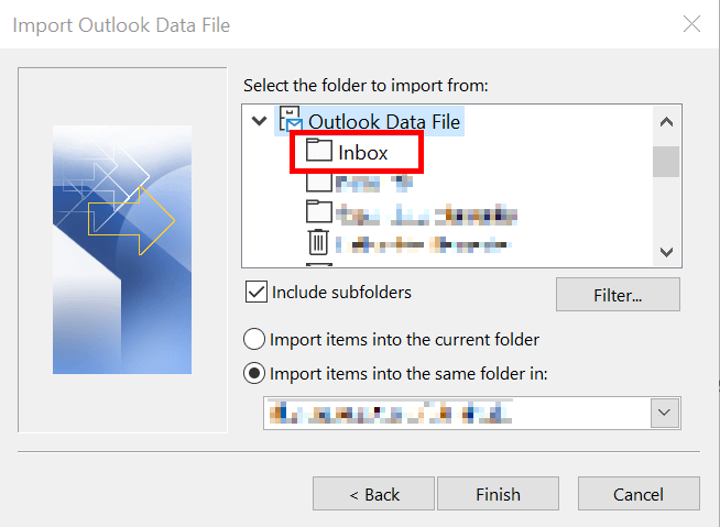 Outlook Data File with import options selected in the wizard