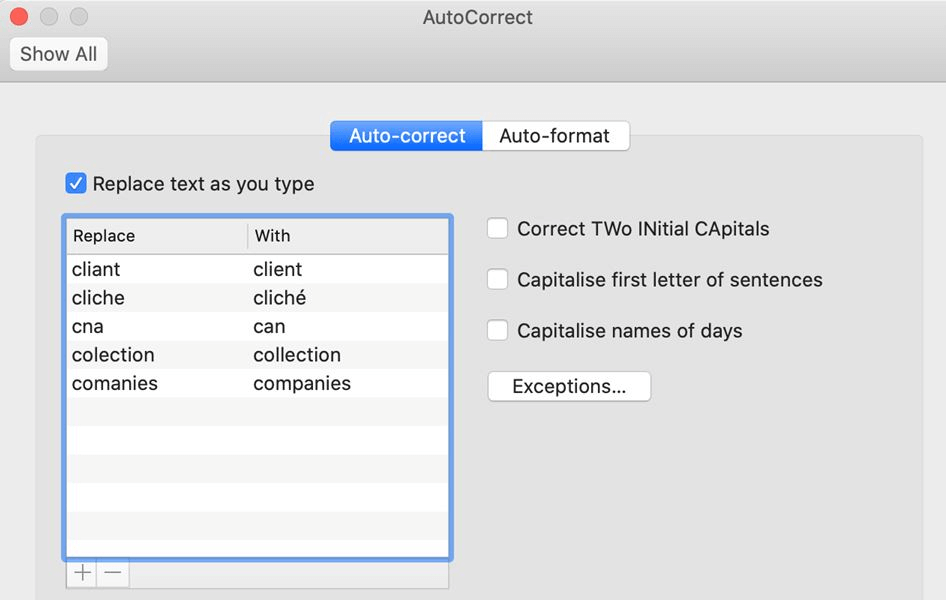Outlook for Mac: AutoCorrect options