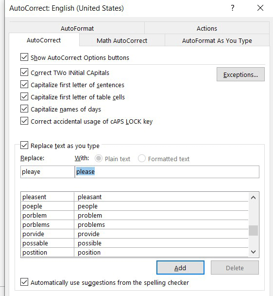 Outlook for Windows: AutoCorrect options