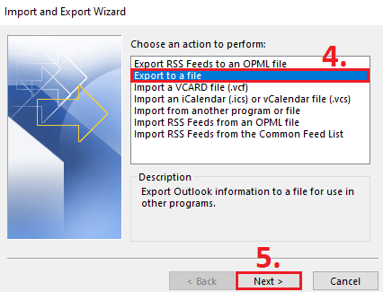 Outlook Import and Export Wizard: available import and export options