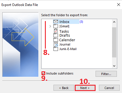 Outlook Import and Export Wizard: choice of folder for export