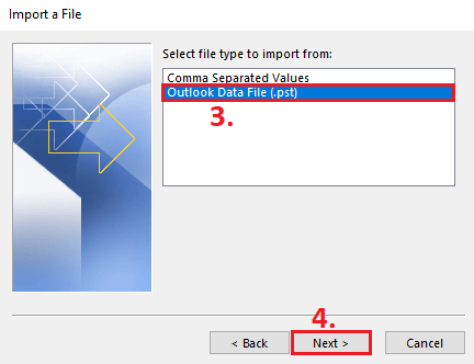 Outlook Import and Export Wizard: file type to be imported