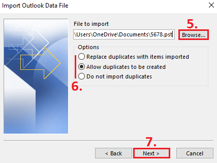 Outlook Import and Export Wizard: selection of the file to be imported
