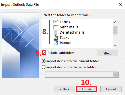 Outlook Import and Export Wizard: selection of the folder to be imported
