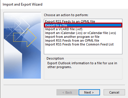 Outlook Import/Export assistant: “Export to a file”