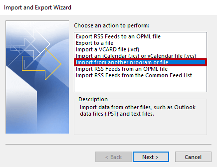 Outlook Import/Export assistant: “Import from another program or file”