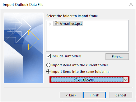 Outlook Import/Export assistant: select Gmail account