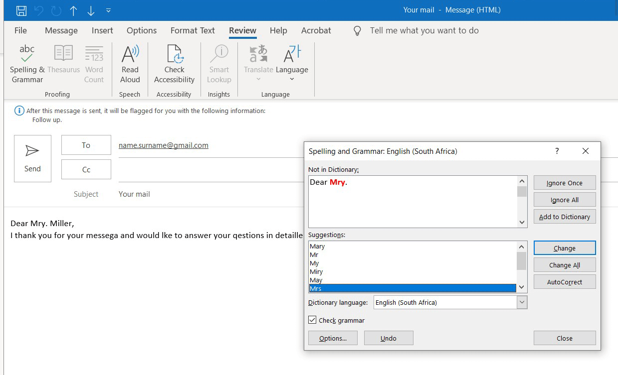 Outlook: manual spell check