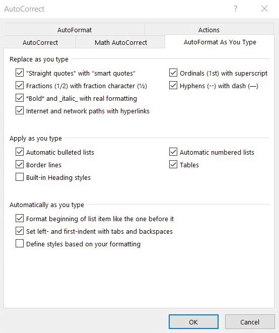 Outlook option “AutoFormat as you type” and “AutoFormat”