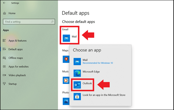 how to set default mail to outlook windows 10