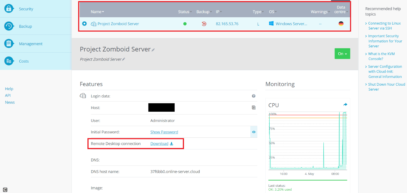Overview of your server and access data in the IONOS Cloud Panel