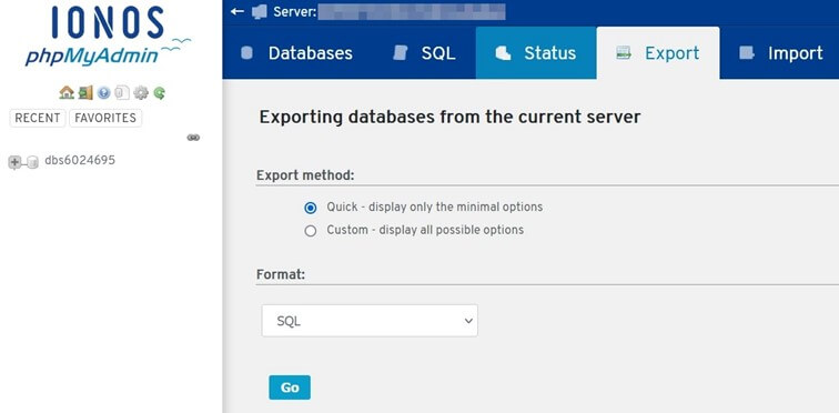 phpMyAdmin interface of IONOS: Database export