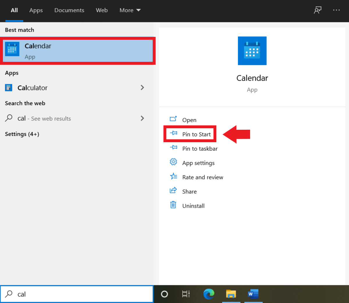 Pin the Windows Calendar app to the taskbar