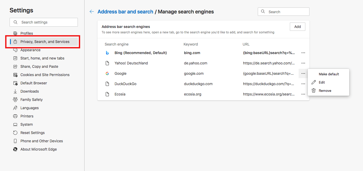 “Privacy, Search, and Services” settings in Edge
