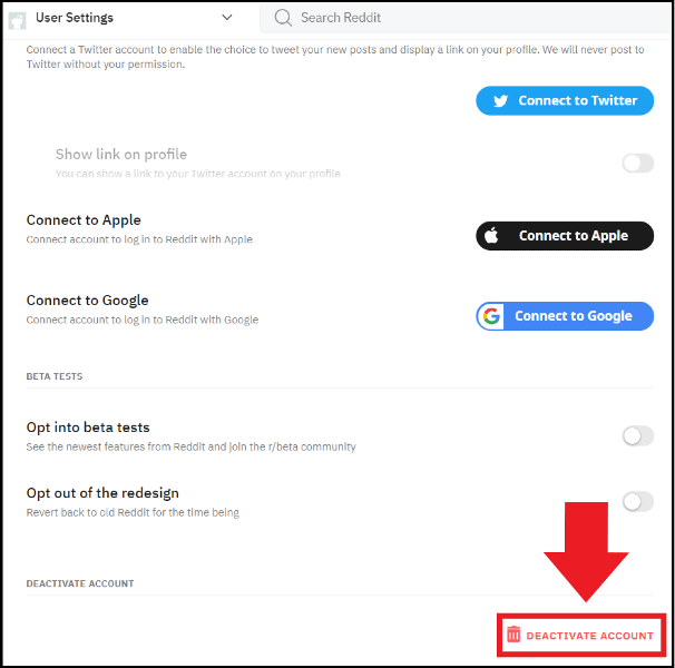 In the User Settings tab, scroll down to “Deactivate Account”