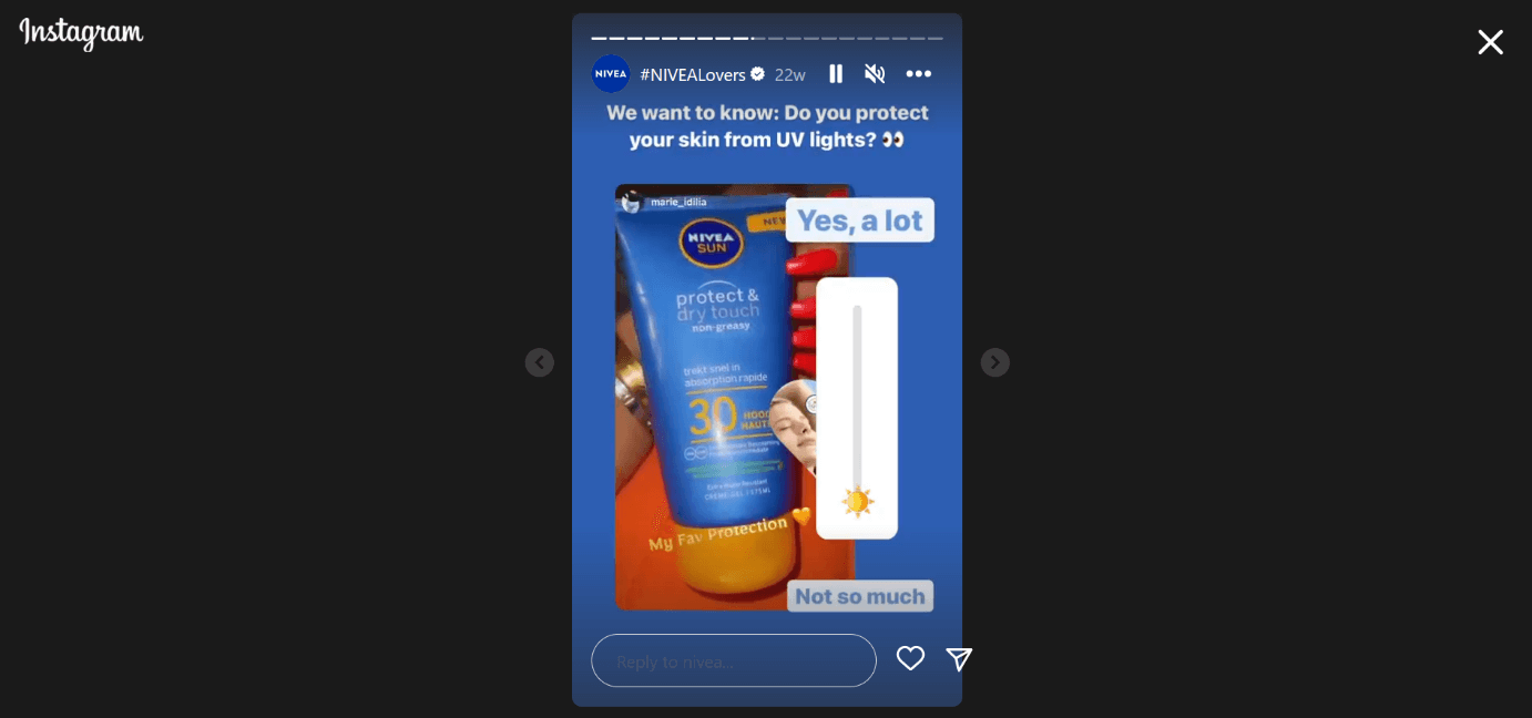 Screenshot of an Instagram post from Nivea with a slider sticker