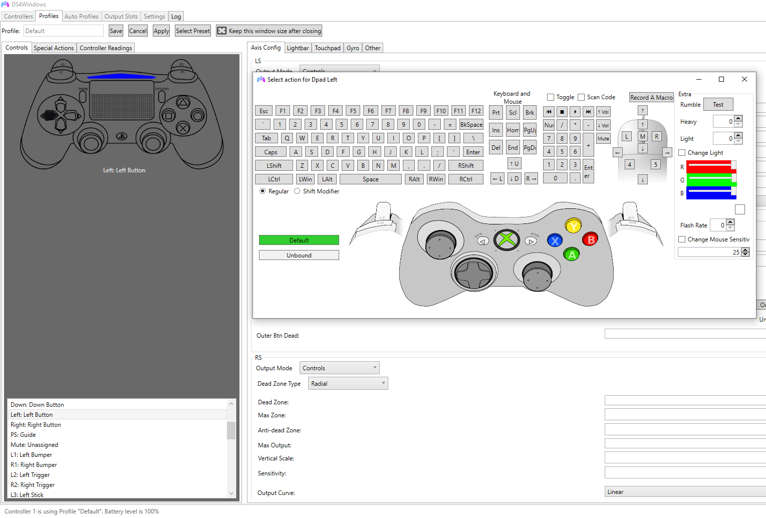 Screenshot of button configuration in DS4 controller menu