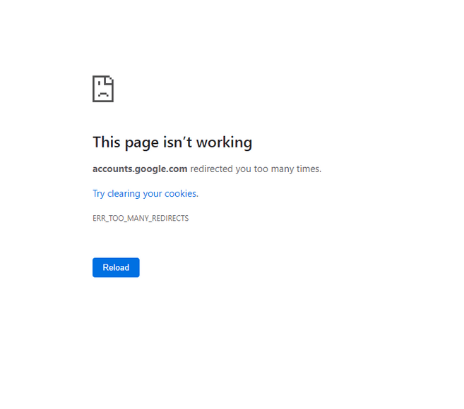 Screenshot of error message ERR_TOO_MANY_REDIRECTS on Google Chrome